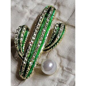 Estate Green Enamel Cactus Brooch Clear Rhinestone Stripes Faux White Pearl 1.5"